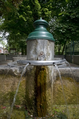 Péruwelz - Parc communal Simon Fontaine des Brigittins. L'ensemble se compose de la fontaine proprement dite. L'eau retombe dans un premier bassin derrière lequel se trouve le bac du lavoir et au fond un abreuvoir indépendant.