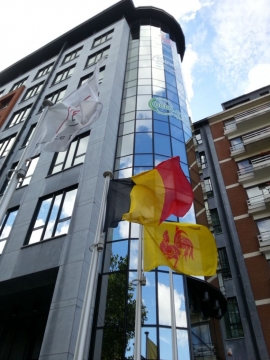 Drapeaux belge et wallon devant le bâtiment du Secrétariat général du SPW.
